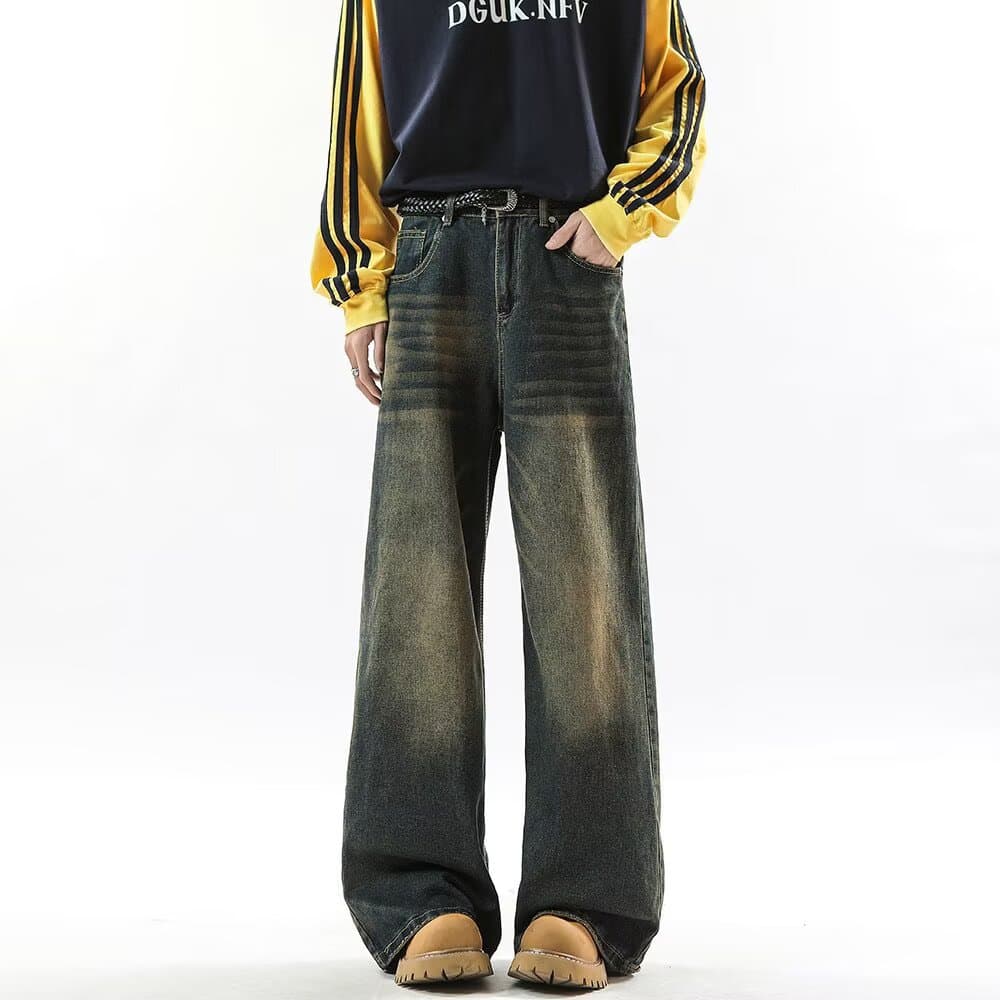Vintage Yellow Clay Washed Distressed Denim Jeans for Men and Women, American Street Style Loose Straight Leg Casual Pants, Floor-Length Trousers