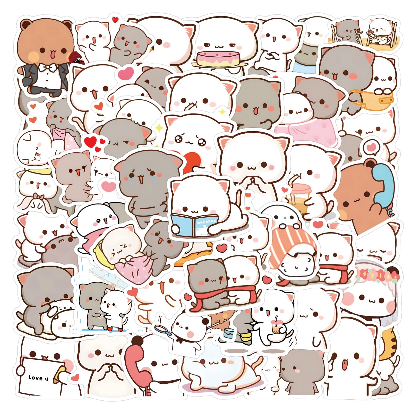 60 Sheets New Kawaii Mochi Cat Cartoon Graffiti Stickers Notebook Luggage Decorative Stickers Wholesale