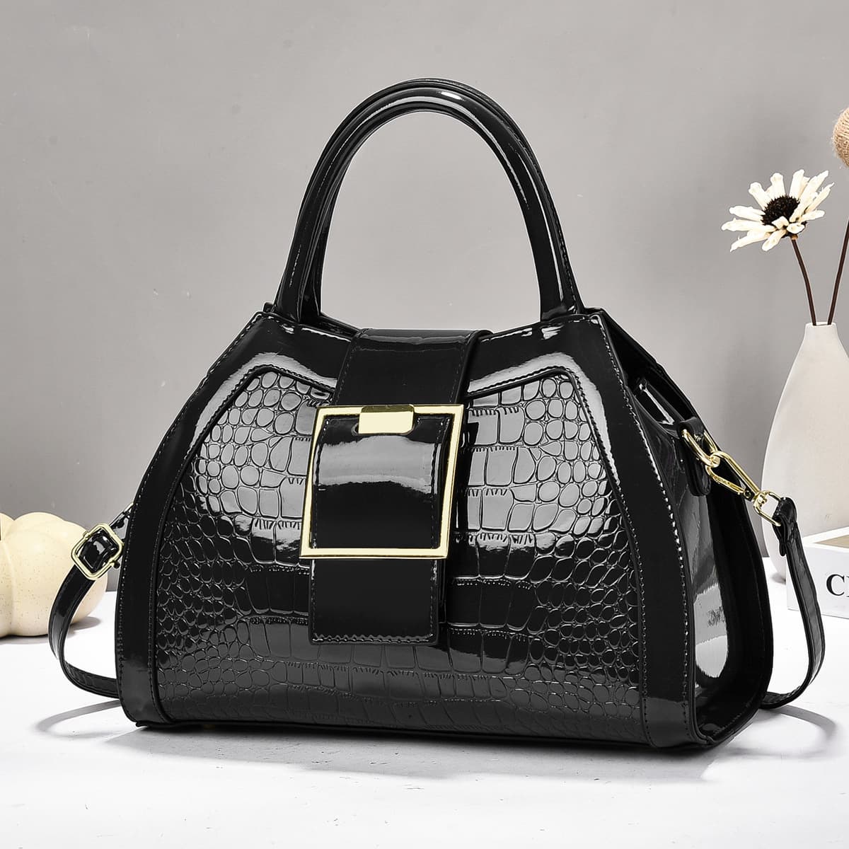 Cross-border black shiny crocodile pattern handbag women's casual simple crossbody bag large capacity shoulder bag women's bag