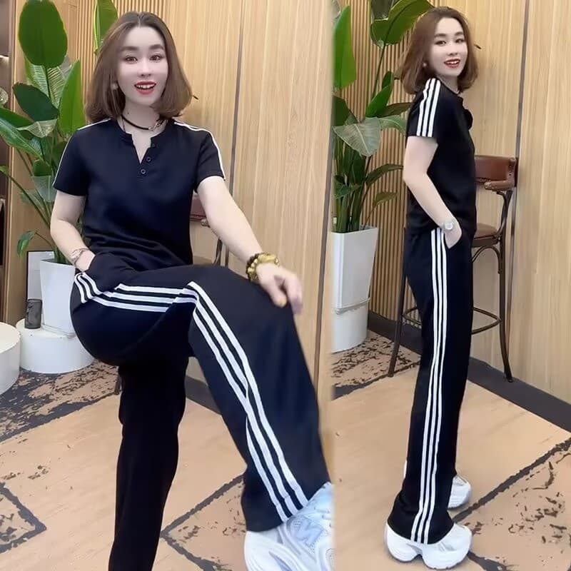 [Cotton-Like Twill Stretch] Casual Sportswear Set for Women Summer New Loose Short Sleeve Wide-Leg Pants Two-Piece Set