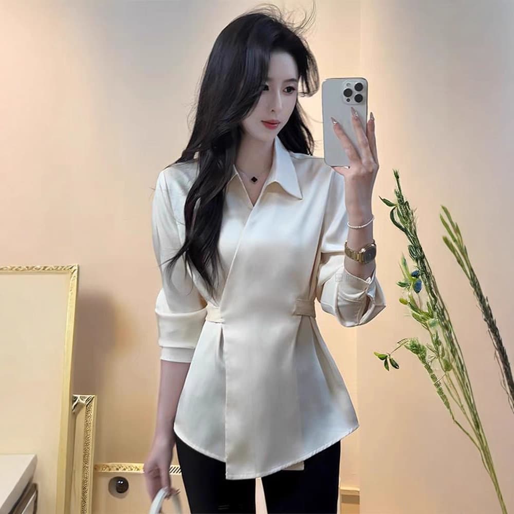 Clearance Sale – Genuine French Style V-Neck Cross Tie Waist Pattern Blouse for Women Autumn Shirt
