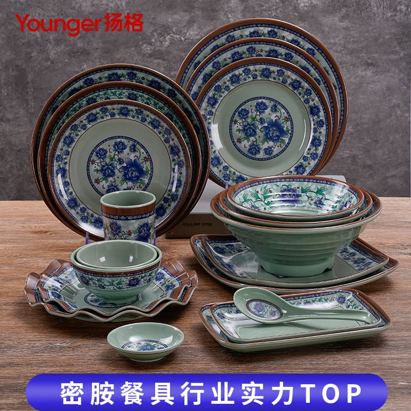 Retro melamine bowls and plates set wholesale hotel rice bowls noodle bowls plates table cups spoons plastic bowls tableware