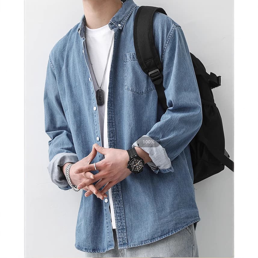 Source Manufacturer Autumn Men's Long-Sleeved Trendy Versatile Solid Color Shirt Casual Outer Work Shirt Loose and Fashionable