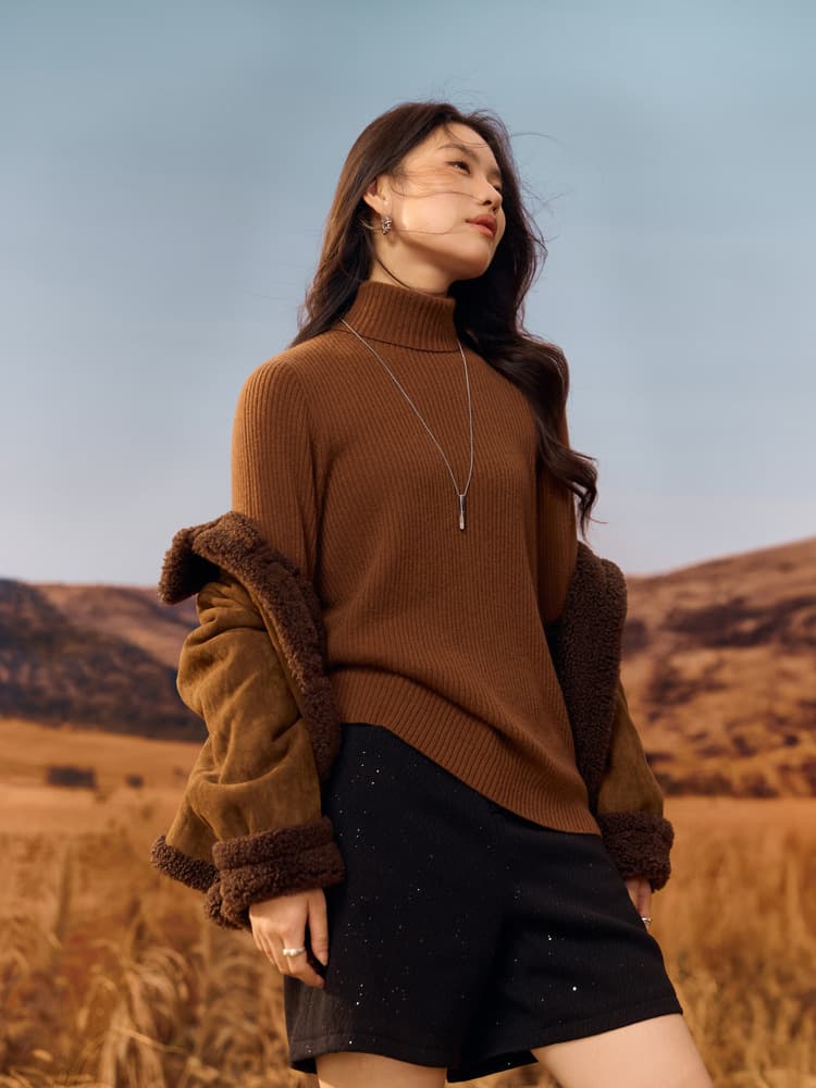 [Merino Sheep Wool] Seamless one-piece cashmere lazy turtleneck sweater fat mm2025 winter new style