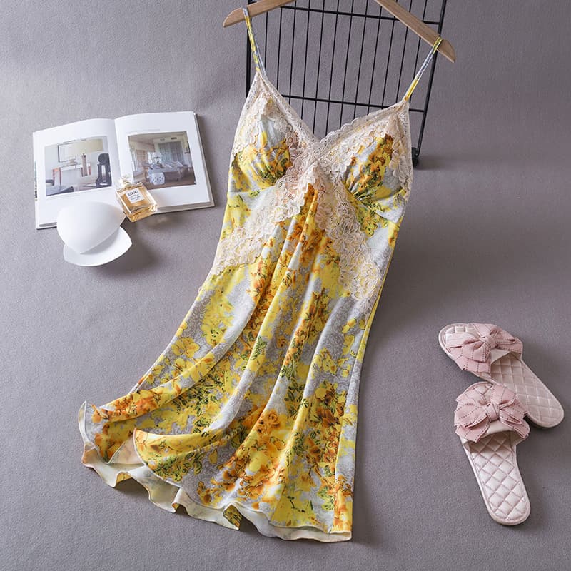 Sexy Pajamas Women's Summer Ice Silk Floral Yellow Battle Gown Lace Slimming Sling Nightgown with Chest Pad Home Clothes
