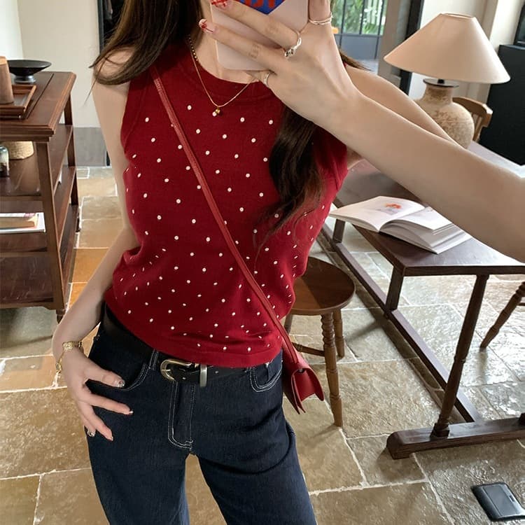 Factory Source Ice-Cool Silk Red Polka Dot Knit Vest Women's Inner Layer Summer Hong Kong Style Hot Girl Outerwear Sleeveless Top