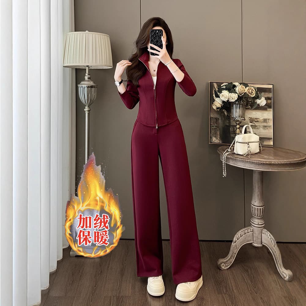 Fleece-Lined Thick Casual Sportswear Set for Women, Autumn Slim Fit Wine Red Zip-Up Hoodie and Wide-Leg Pants Two-Piece Set