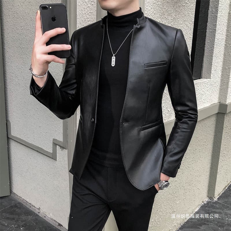 2025 Spring/Autumn Men's Stand Collar Leather Jacket Slim Fit Trendy Brand Leather Coat Top for Men