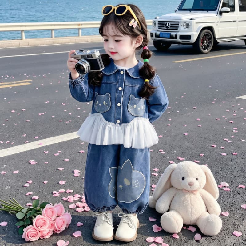 Girls' denim suit, stylish and fashionable children's denim bloomers two-piece set, baby girl's autumn clothing 2026 new style
