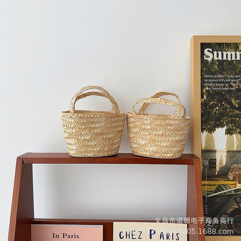 Kids Handbag Open Top Woven Straw Bag Travel Beach Bag Artistic Small Square Bag Baby Woven Bag Tote Snack Bag