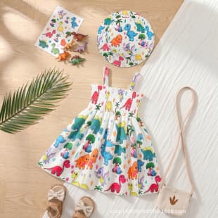 New Summer Colorful Cartoon Dinosaur Print Dress, 3M-3Y Toddler Sleeveless Vest Dress