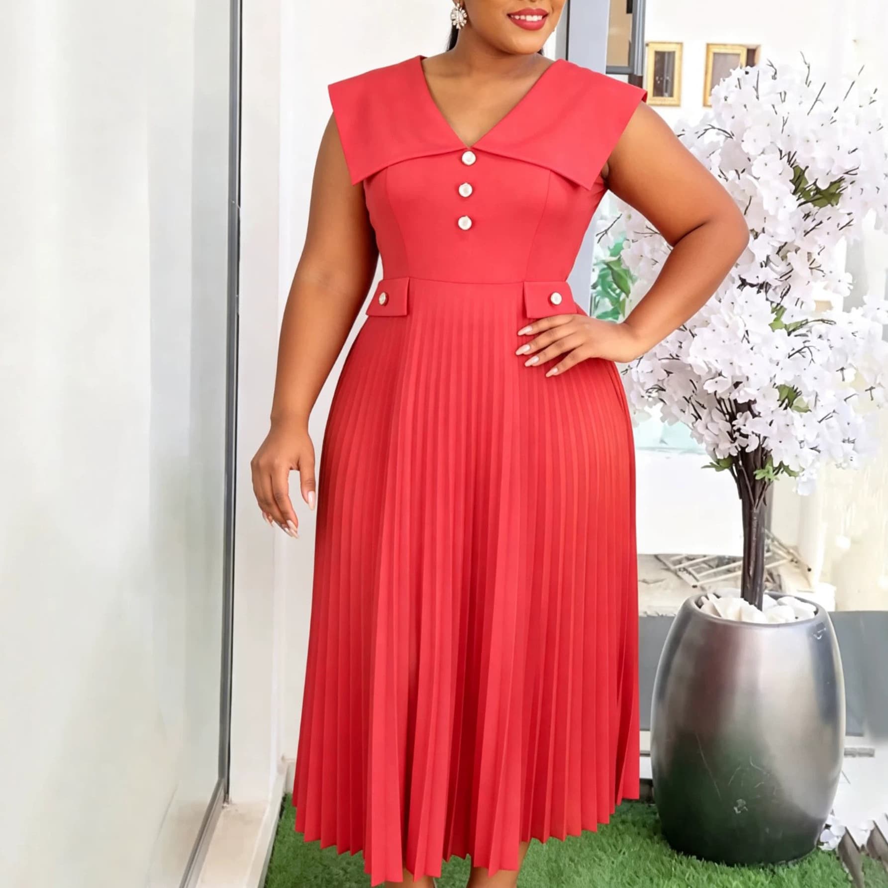 Plus Size Women's Red Notch Collar Pleated Dress, Sleeveless High Waist Office Elegant Midi Dress for Curvy Women
