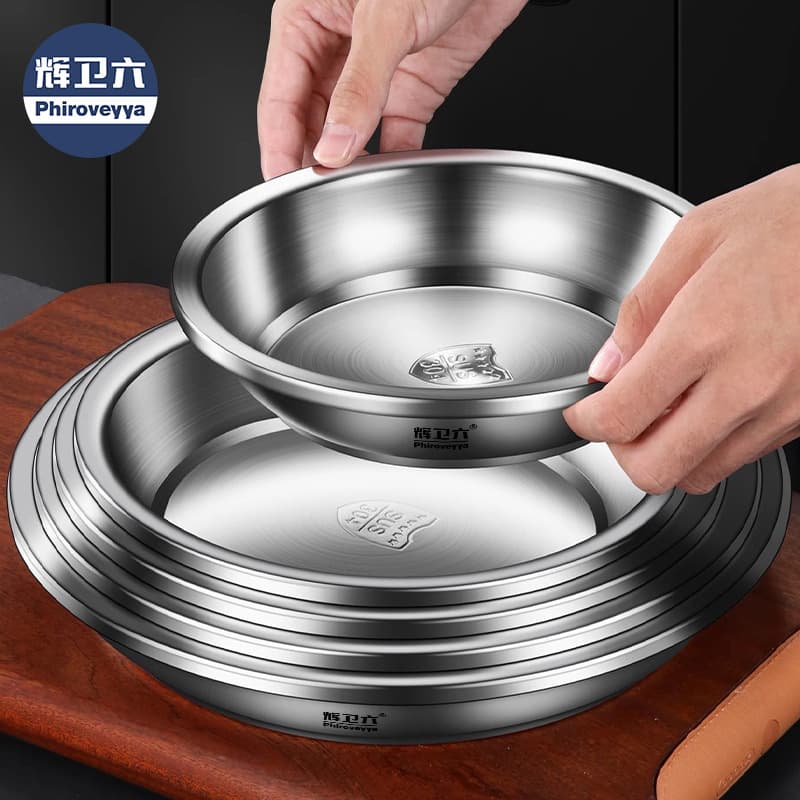 Household 304 Food-Grade Thickened Single-Layer Stainless Steel Plate with Lid, Dumpling Plate, Steak Plate, Vegetable Plate, Round Dinner Plate