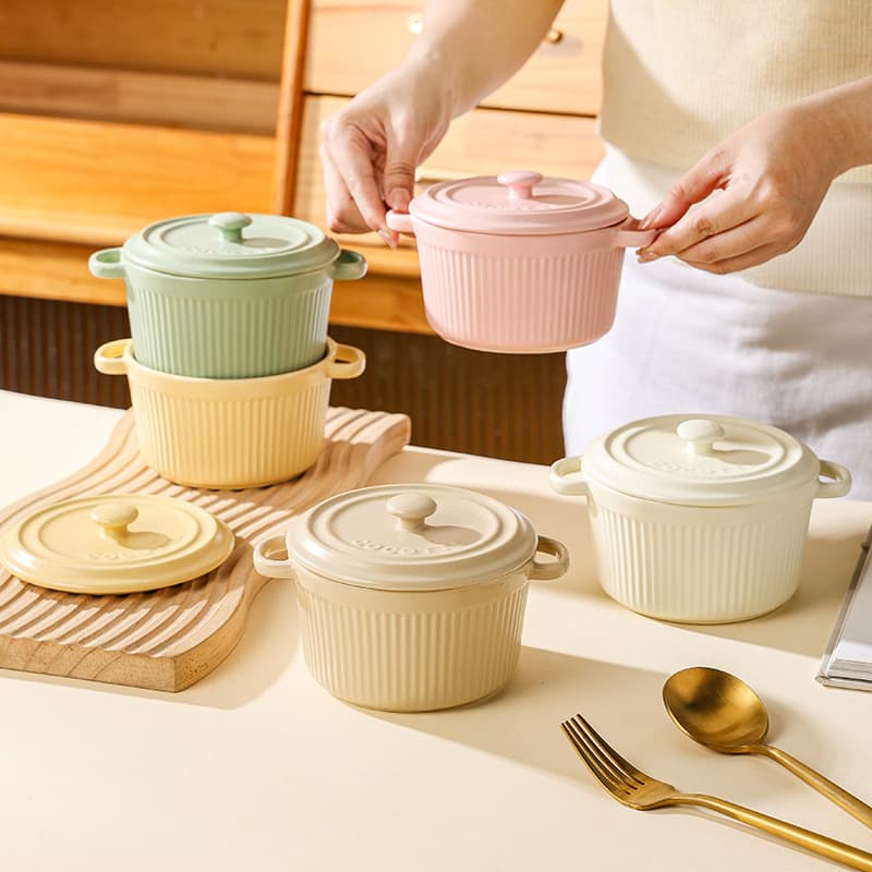 Ceramic double-eared steamed egg bowl, soufflé baking bowl, air fryer with lid, children's special stew pot, pudding bowl, tableware