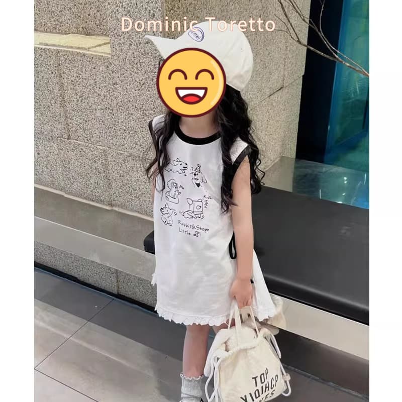 Korean Children's Dress for Girls 2026 Summer Kids Cute Cartoon Vest Dress Baby Girl Lace T-Shirt Dress