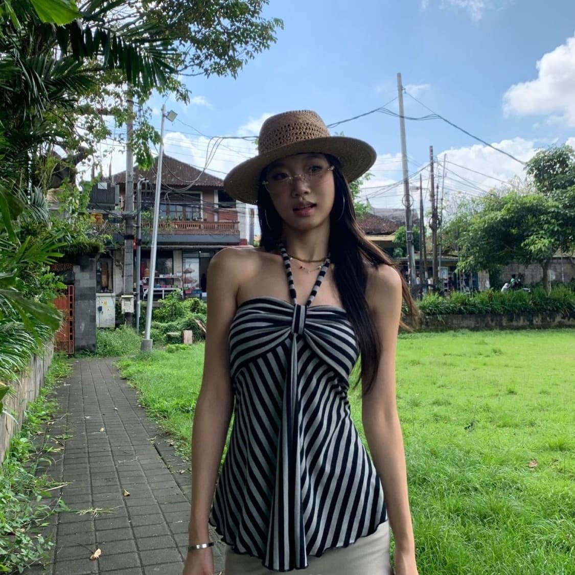 Sexy Contrast Stripe Halter Top Women's Summer Unique Strapless Backless Vest