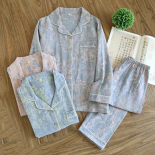 Women's Yarn-Dyed Jacquard Pure Cotton Pajama Set, Spring and Autumn Loose Fit Plus Size Thin Lapel Long Sleeve and Long Pants Loungewear
