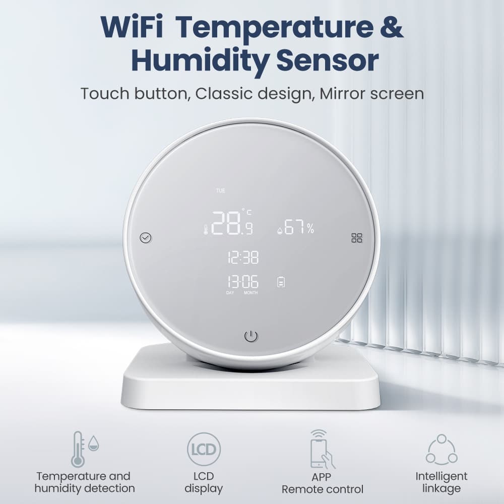 Tuya Smart Home WiFi Temperature and Humidity Sensor, Indoor Thermometer with Date Display, Digital Tuya Detector