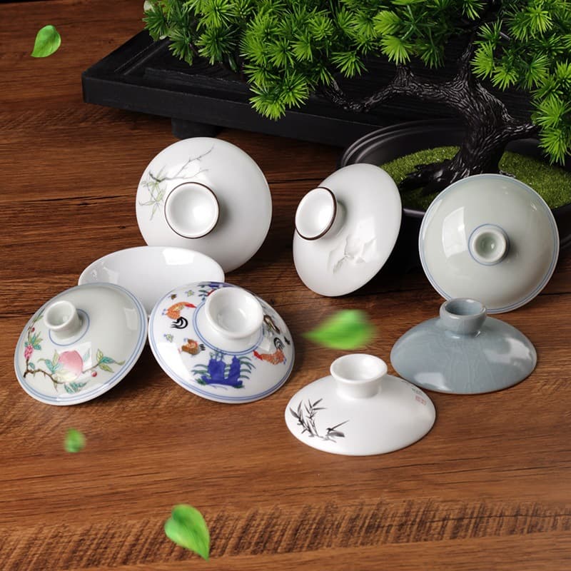 Single Tea Bowl Lid White Porcelain Gold-Painted Ceramic Gaiwan Lid Accessory Kung Fu Tea Set Replacement Pot Lid