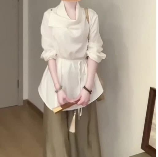 Korean-Style Stand Collar Tie Waist White Blouse Women Loose Linen Wide-Leg Pants Set