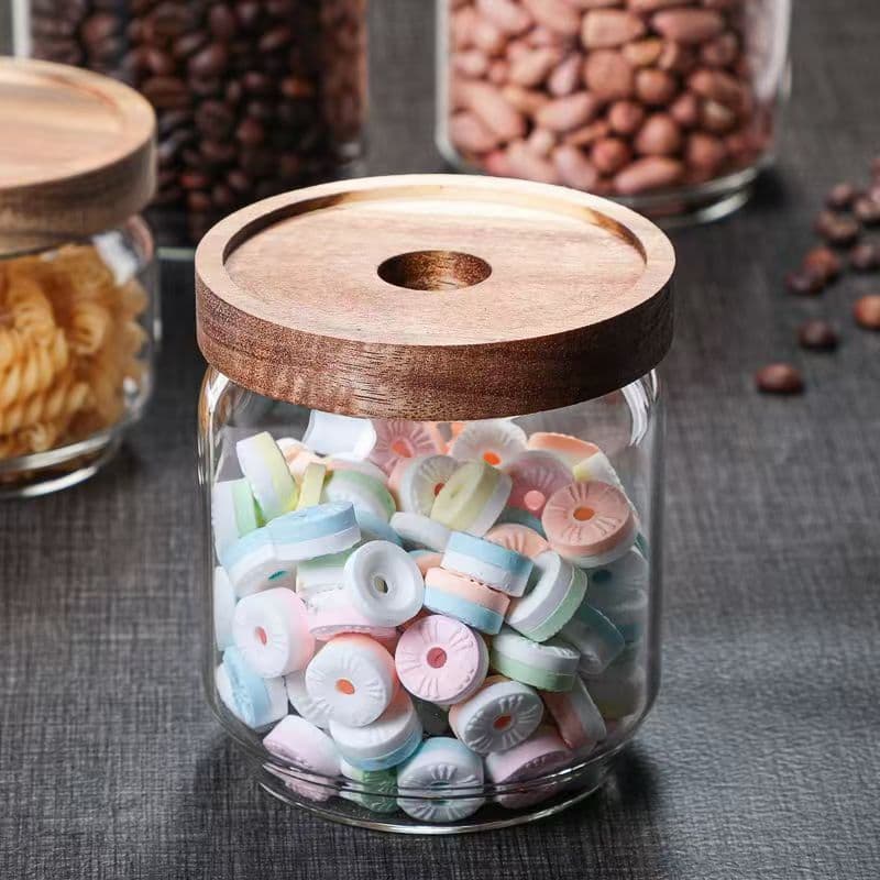 Transparent Storage Jar for Tea Leaves Coffee Beans Grains Kitchen Food Storage Chestnut Wood Sealed Container Home Storage Canister