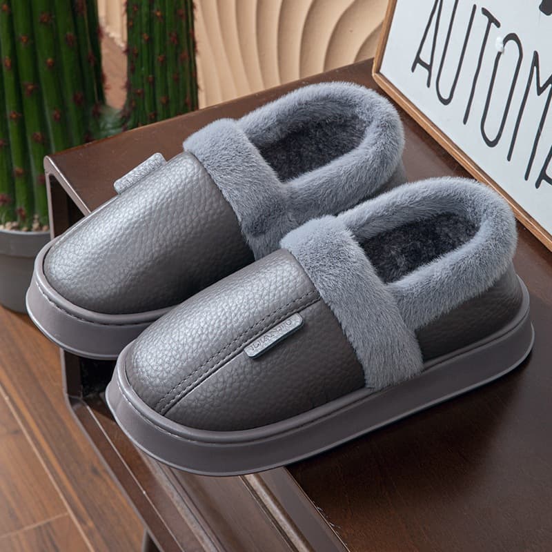 2025 New Winter Extra Large Size Closed-Back Cotton Shoes PU Leather Waterproof Thick Sole Home Indoor Anti-Slip Warm Cotton Slippers