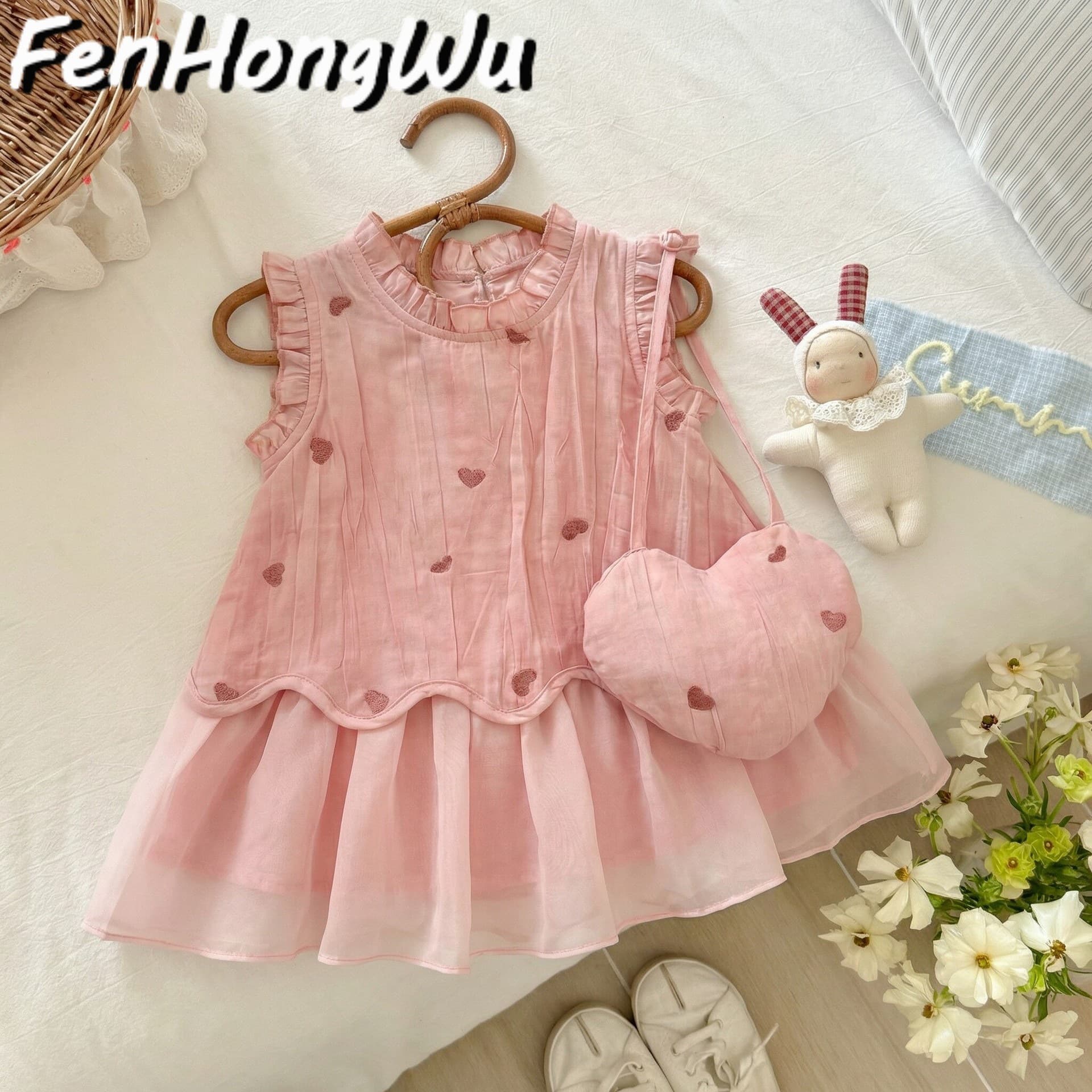 Pink House Pink Heart Dress Summer Baby Toddler Ruffle Flutter Sleeve Princess Dress Sweet Style Children's Clothing