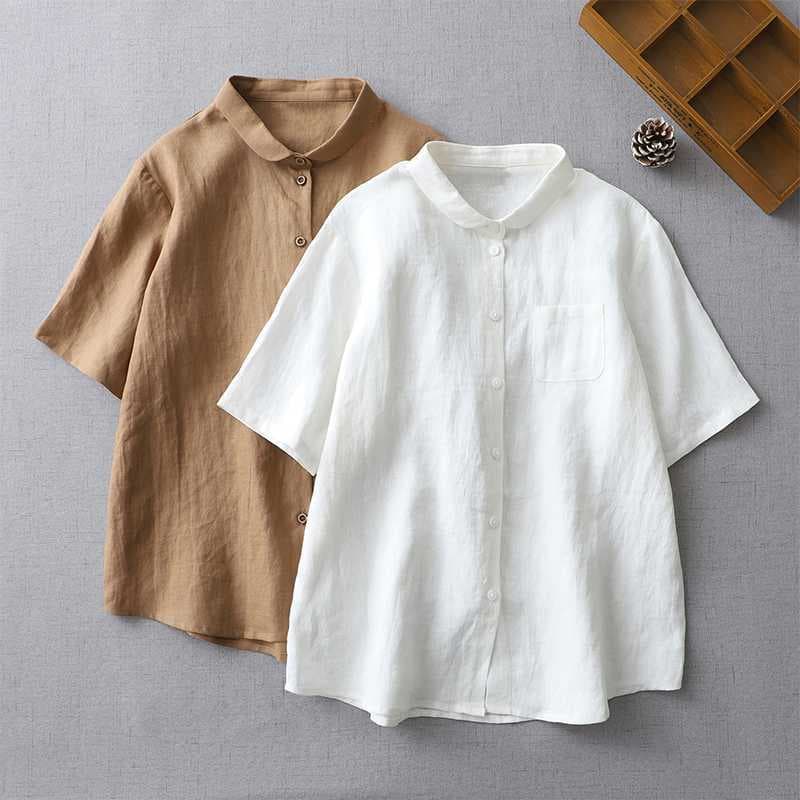 Real Shot Cotton Linen Pan Collar Loose Plus Size Shirt Vintage Artistic Blouse Women Top