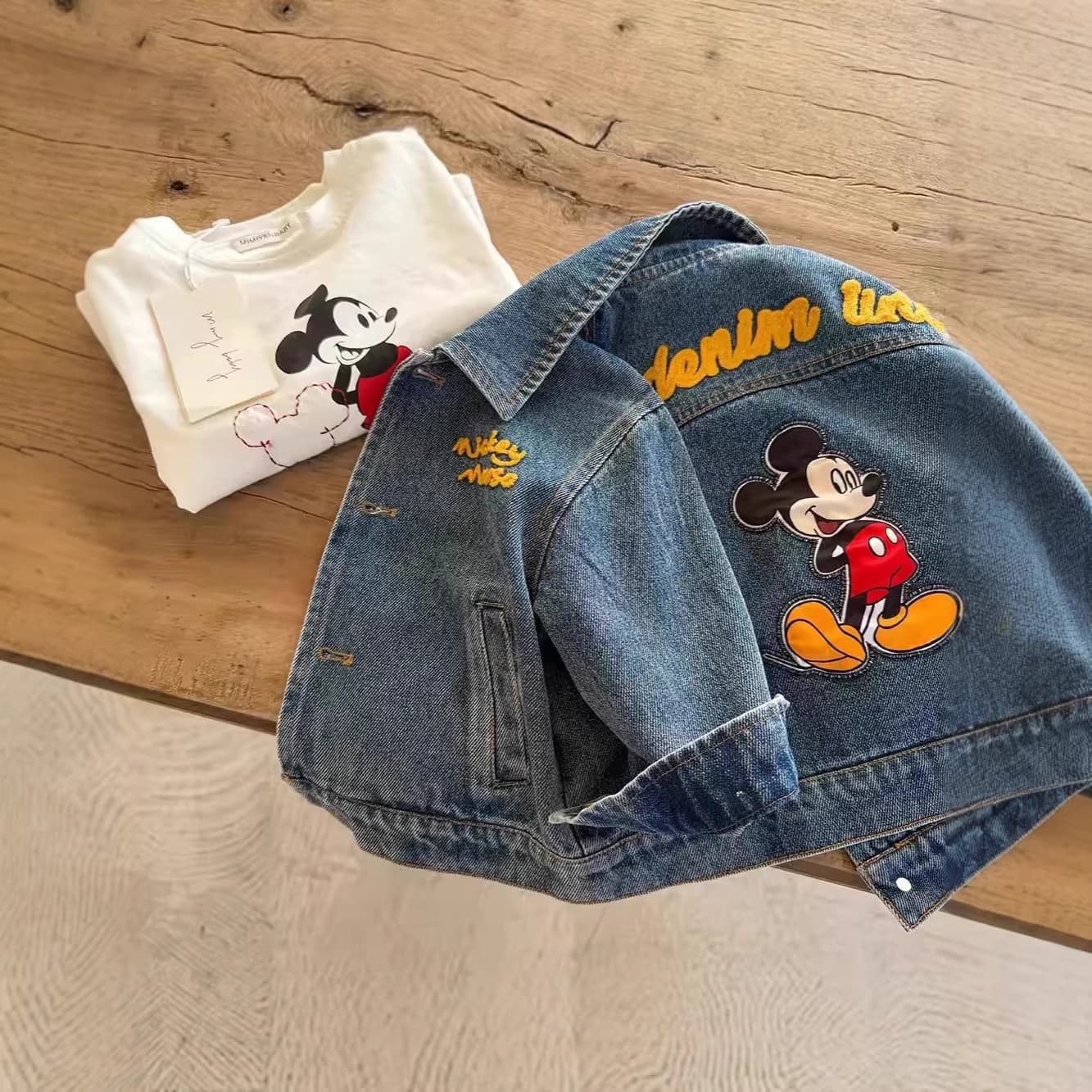 Children's Spring/Autumn Denim Jacket 2026 New Mickey Embroidery Korean Cartoon Jacket Baby Soft Denim Stylish