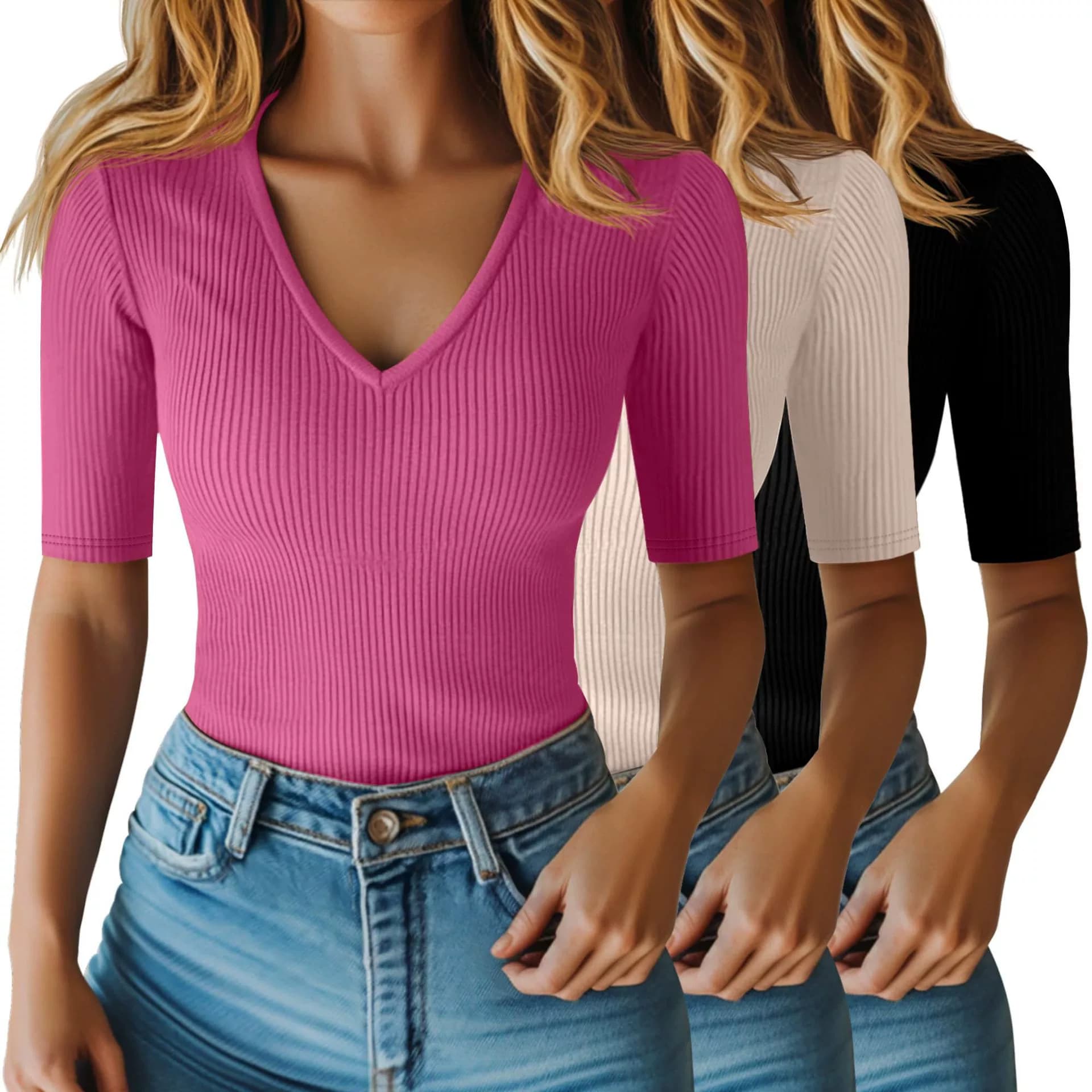 2026 European and American cross-border women's spring and summer solid color V-neck soft and comfortable casual short-sleeved T-shirt slimming and versatile