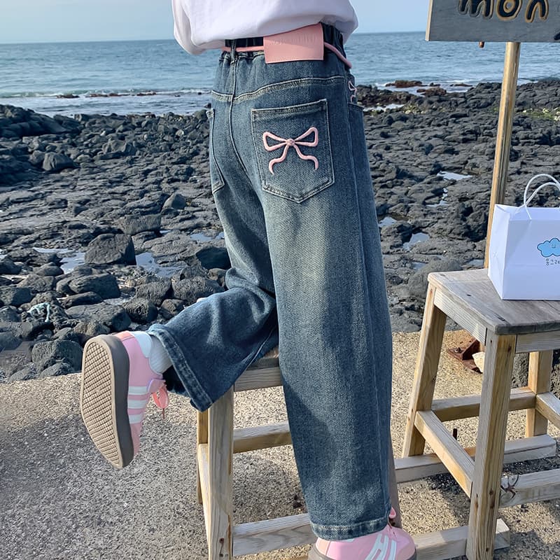 Girls Mid-Large Size Pants Spring Fall 2025 New Embroidered Patch Straight Wide Leg Long Jeans Loose Fit