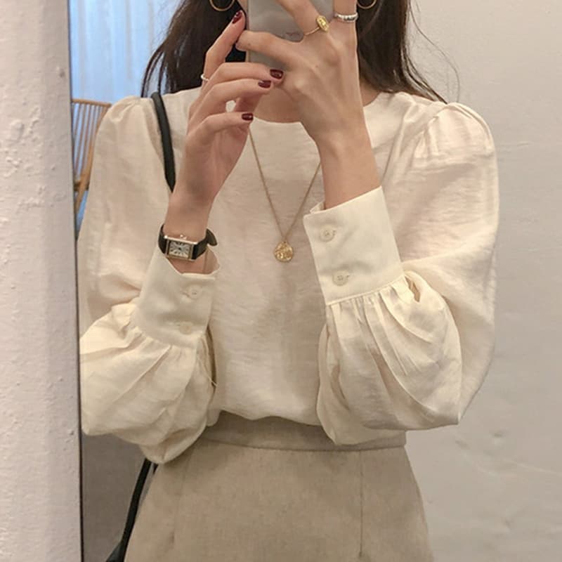 Spring Designer Blouse for Women, Sheer Chiffon Shirt, French Style Base Layer, Puff Sleeve Top, T-Shirt