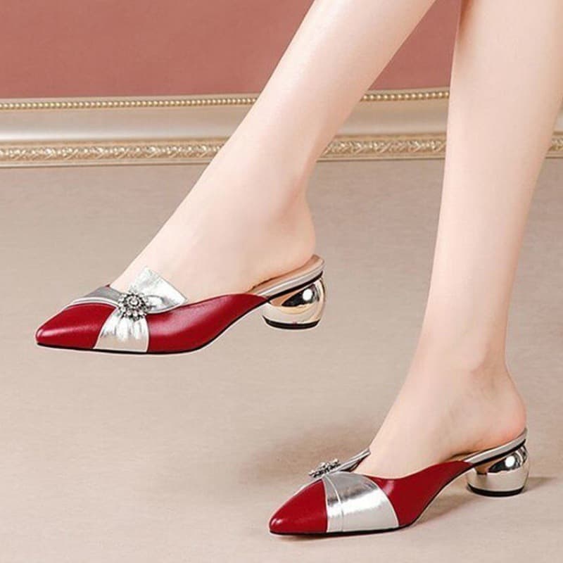 Women's Fashion Open-Toe Mules with Medium Chunky Heel, Slip-On Red Sandals for Going Out, 2024 New Summer Half Slippers