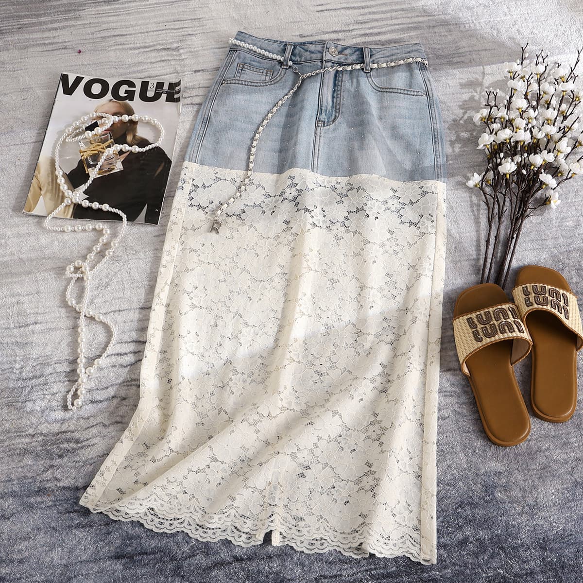 Nanyou 2025 New Elegant Denim Skirt High Waist with Lace Split Fashionable Versatile Bodycon Skirt