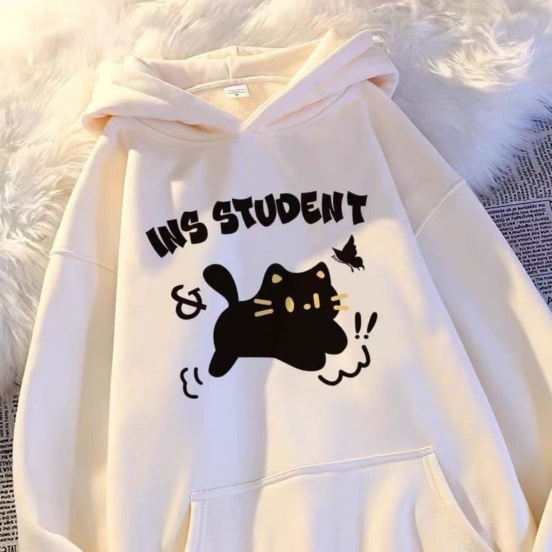 2026 Spring/Autumn New Cartoon Cat Print Girls' Hoodie, Korean Style Hooded Sweatshirt for Kids