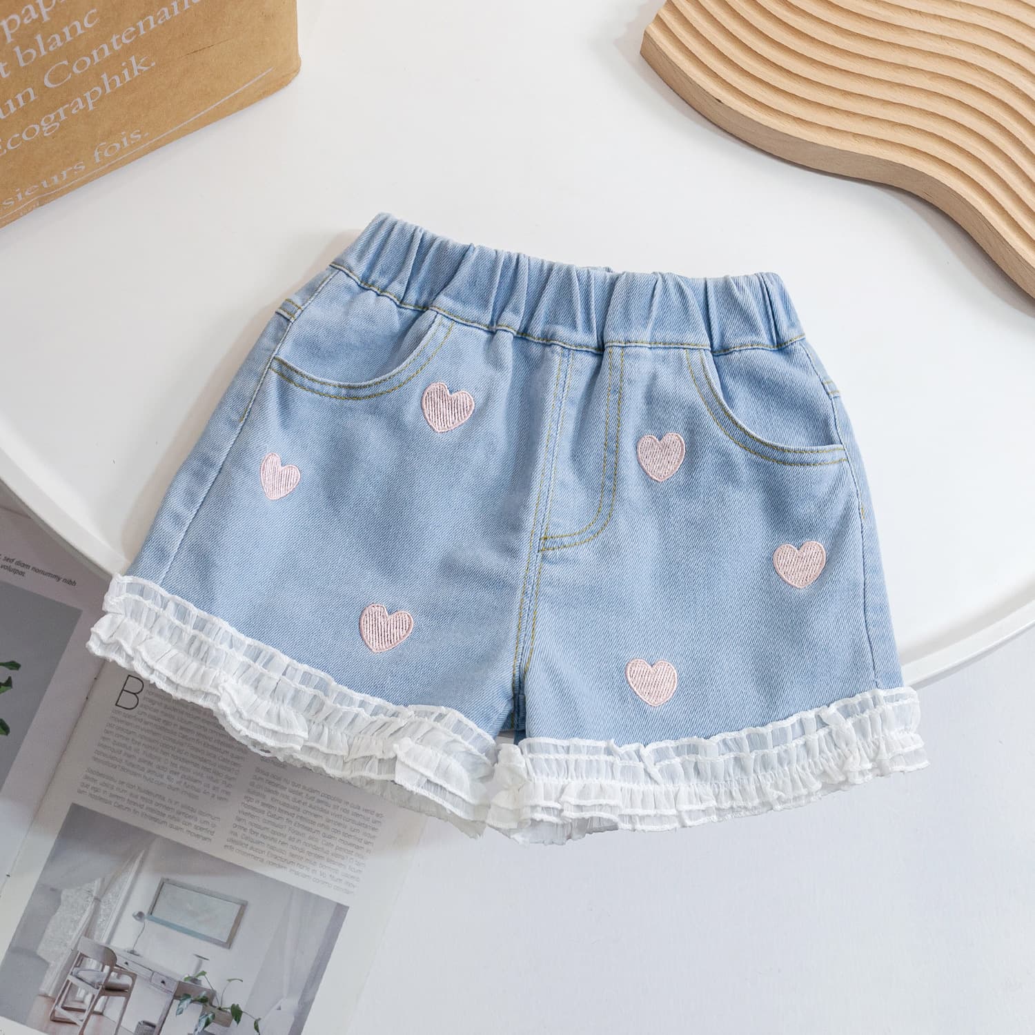 Girls' Denim Shorts 2026 New Fashionable Toddler Kids Lace Heart Shorts Summer Outwear Versatile