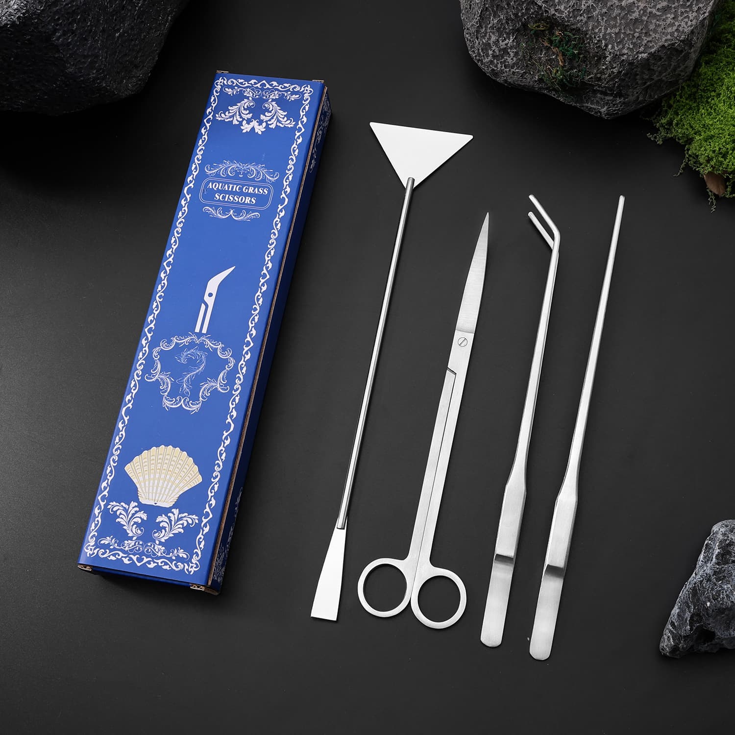 Factory direct sales stainless steel fish tank aquatic plant shears five-piece tool set thickened clip flat sand shovel algae scraper