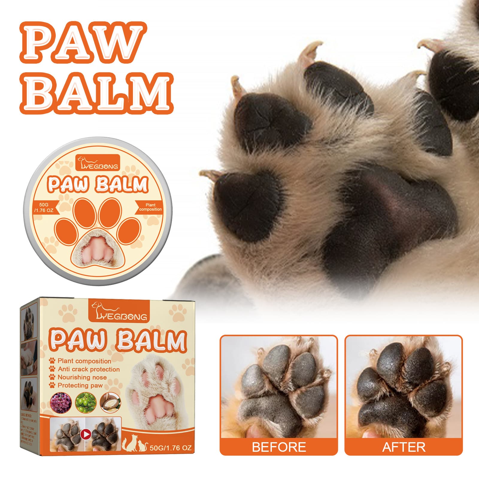 YEGBONG Pet Moisturizing Paw Balm, Dog and Cat Foot Pad Care to Prevent Cracking and Moisturize Feet
