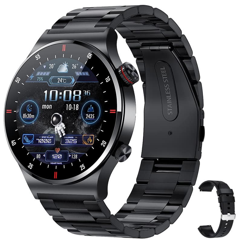 The new QW33 smartwatch features heart rate, blood pressure, blood oxygen, music control, camera, NFC, Bluetooth, and calling capabilities.