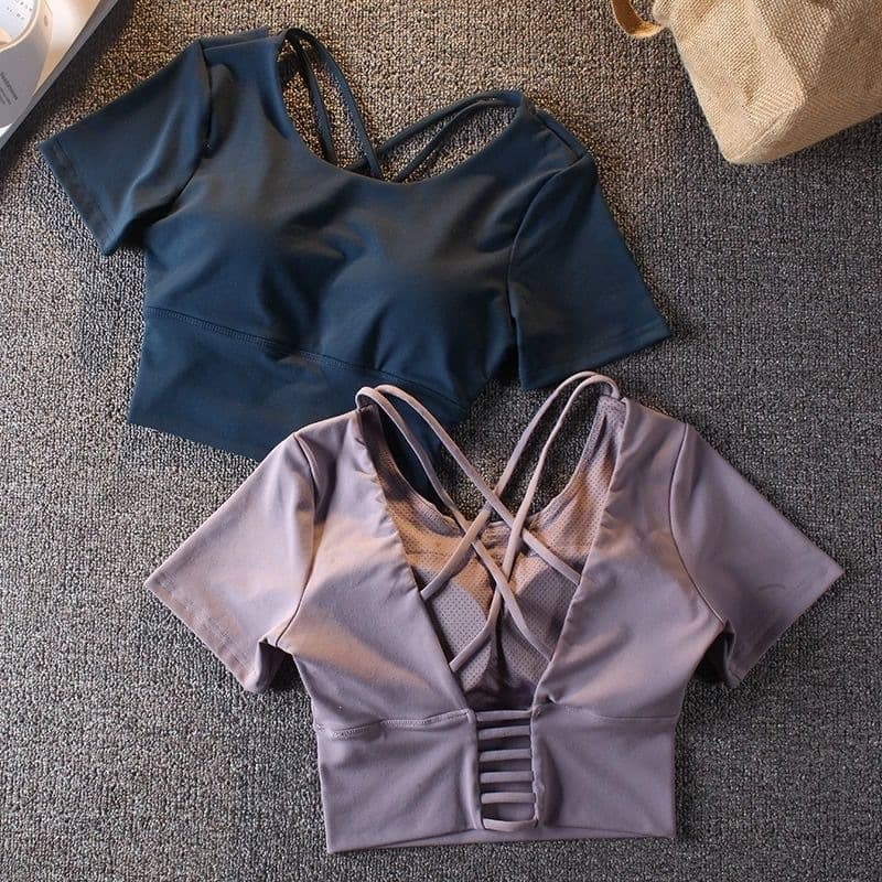 Cross-Border Women's Summer Short-Sleeve Fitness Top with Chest Pad, Sexy Double-Sided Yoga Sports Crop Top