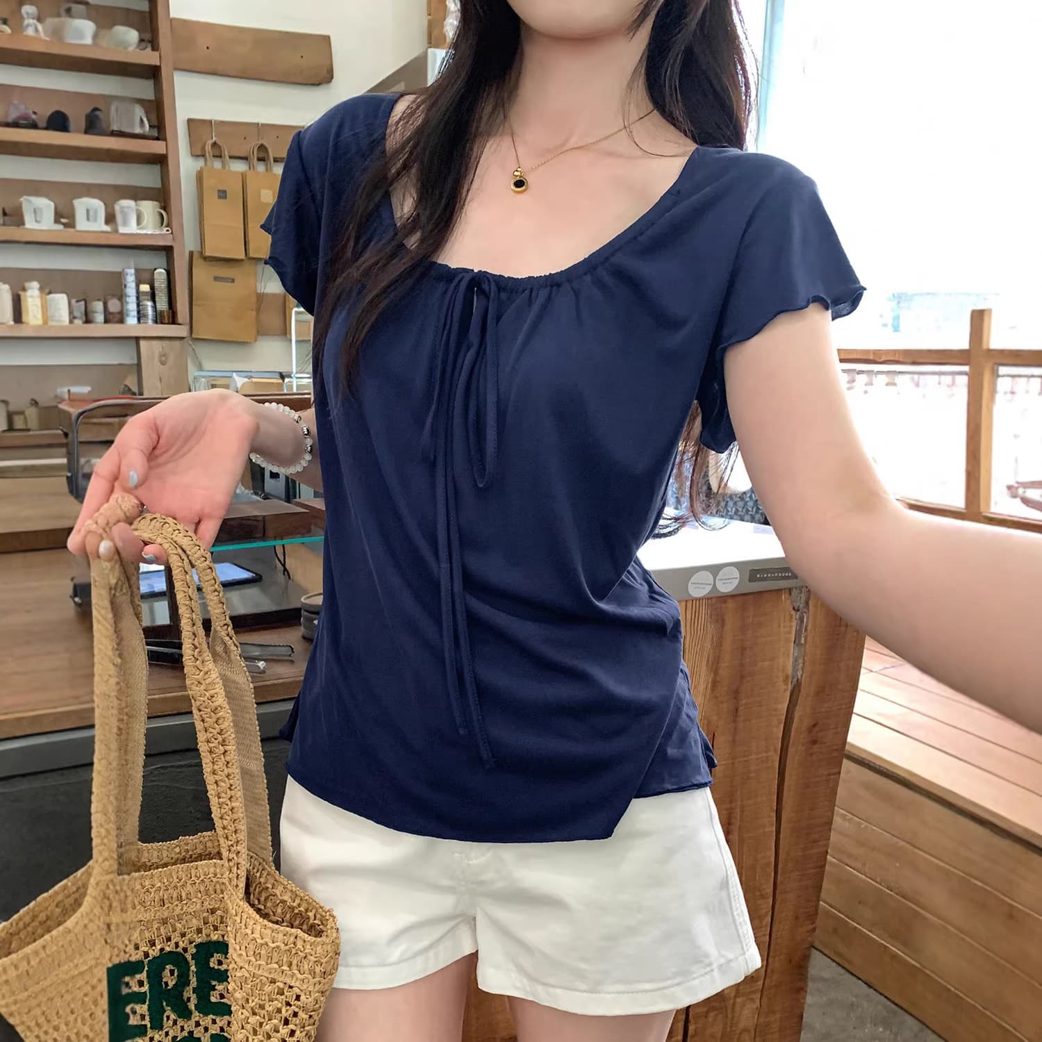 Soft Temperament Tie-Front Deep V-Neck Short-Sleeve T-Shirt for Women Summer 2026 New Relaxed Fit Loose Versatile Slimming Top