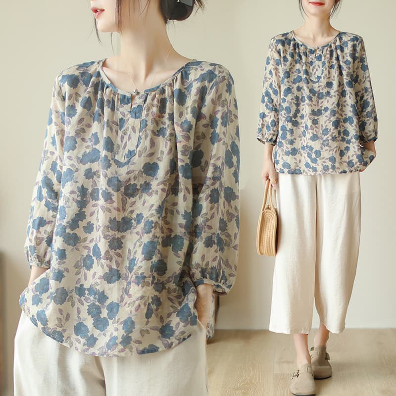Real Shot Doll Shirt Women Loose Shirt Printed Sweet Artistic Early Autumn New Ramie Lightweight Blouse