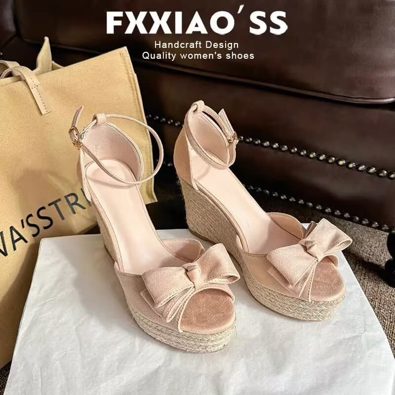 Retro Wedge Peep-Toe Bow Sandals, Height-Increasing and Comfortable for Petite Women, Fairy-Style Roman Shoes 2026 Summer Collection