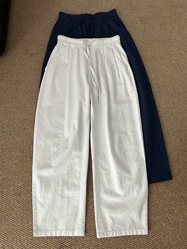 Old money style white cotton linen pants men's autumn Japanese style scimitar wide leg pants straight loose casual trousers