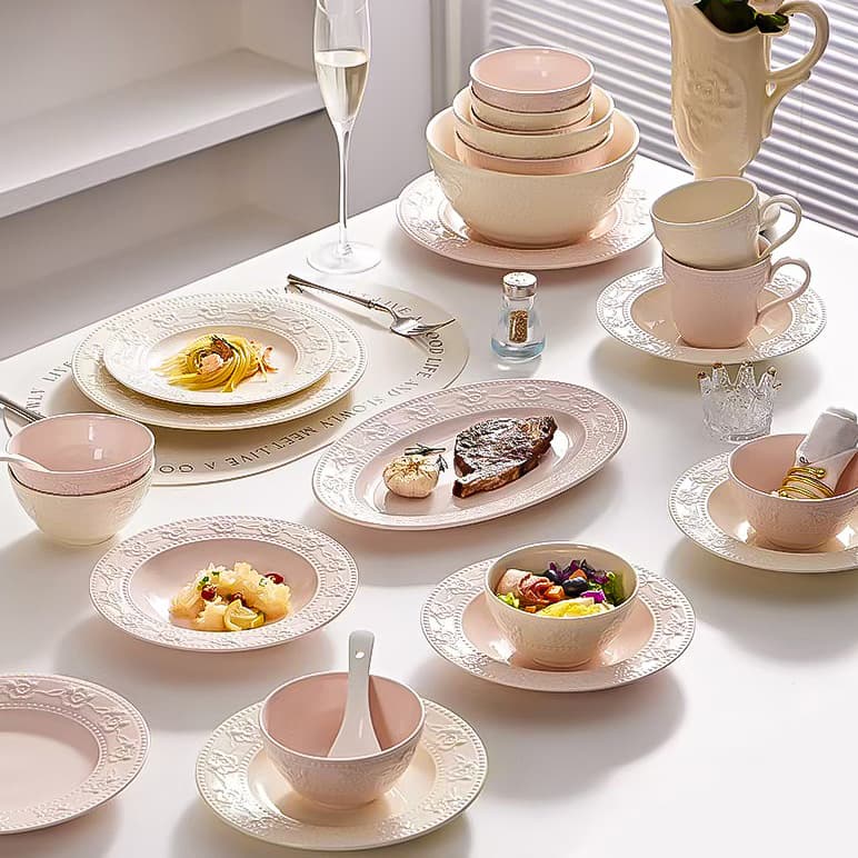 French Embossed Bowl and Dish Set Ceramic Bowl Soup Bowl Rice Bowl Dinnerware Set Home Use Plate Dinner Plate Bowl Noodle Bowl