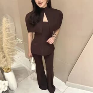 Elegant Light Luxury Fashion Stand Collar Off-Shoulder Cape Two-Piece Set, Slim Fit Professional Blouse for Women