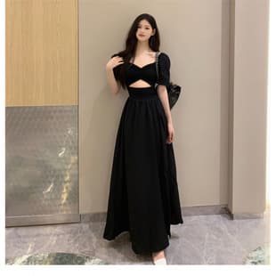 2026 New Plus Size French Hepburn Style Dress for Women, Design Black Short Sleeve Split Long Dress