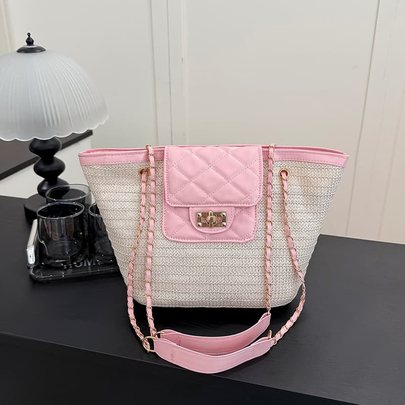 New Cross-Border Straw Woven Bag for Women, Large Capacity, Elegant Travel Beach Bag, Fashionable Contrast Color Handheld Shoulder Bag