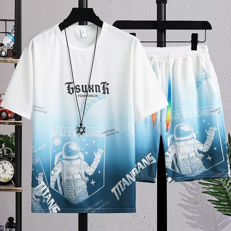 Summer New Men's Gradient Personality Trendy Casual Youth Sports Fashion Versatile T-Shirt and Shorts Two-Piece Set