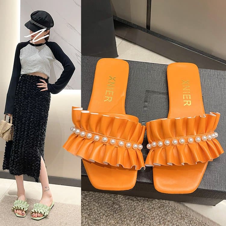 Women's Flat Roman Sandals with Ruffle and Pearl Trim, 2025 New Summer Style, One-Strap Slip-On Outdoor Slippers